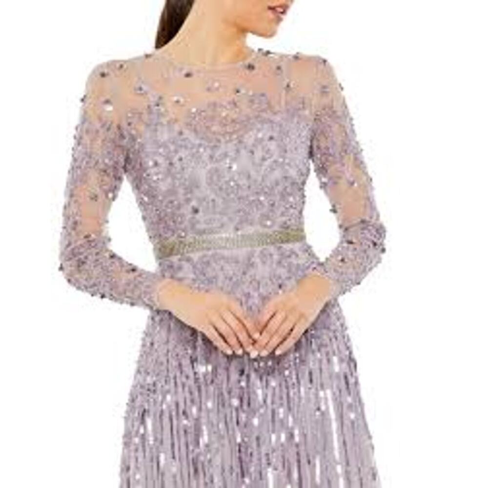 Mac Duggal Mesh Sequin Long Sleeve Belted Tea Dress Vintage Lilac Size 18 NWT - Picture 1 of 13